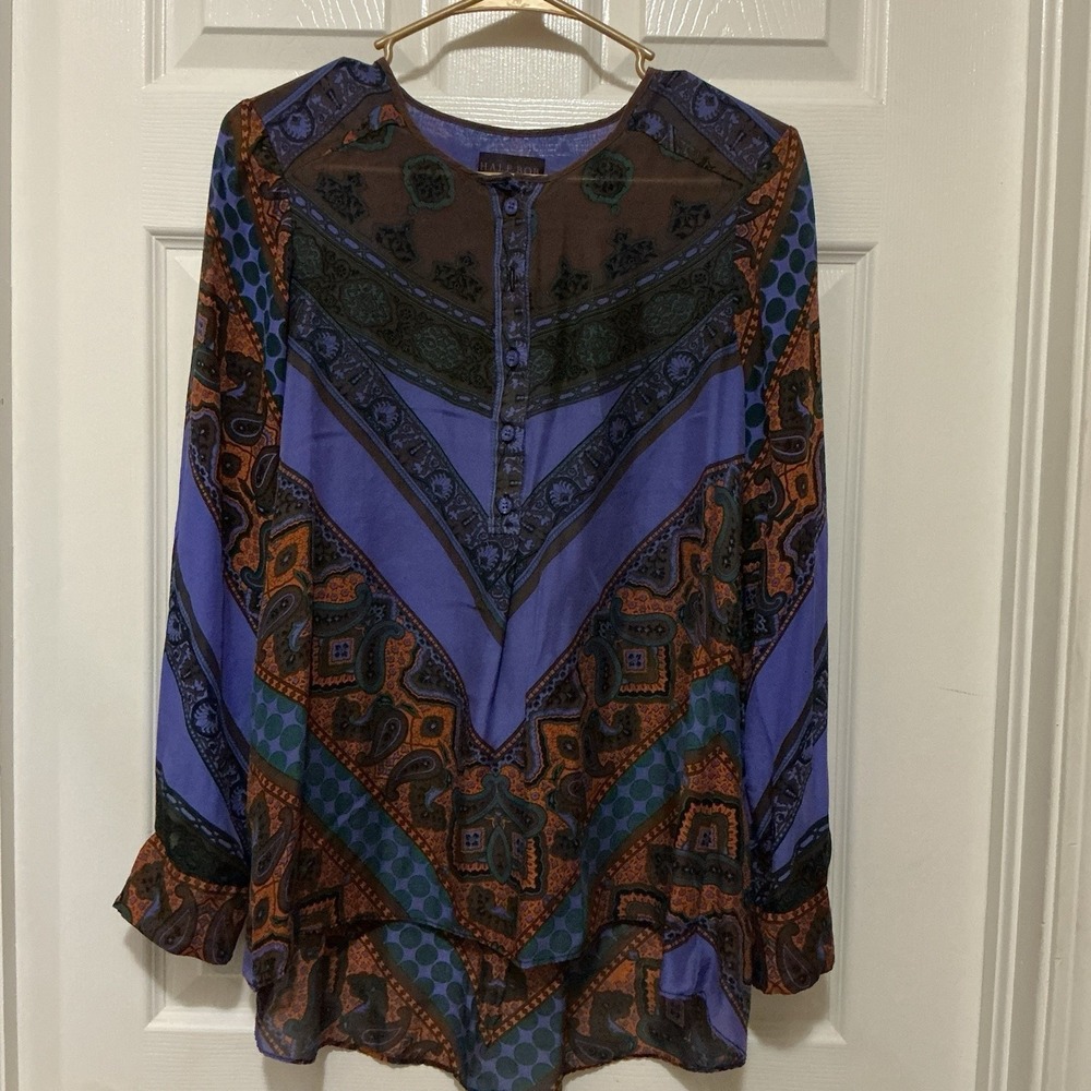 Hale Bob Silk Paisley Top Blouse M Vibrant Lavender Chevron Boho